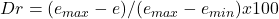 Dr = (e_{max}-e)/(e_{max}-e_{min}) x100%